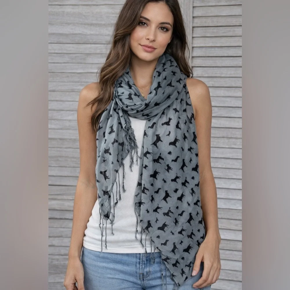 Dog Speak Gray Scarf Black Dog Print Fringe Wrap OS Cute Cozy Gift Trendy